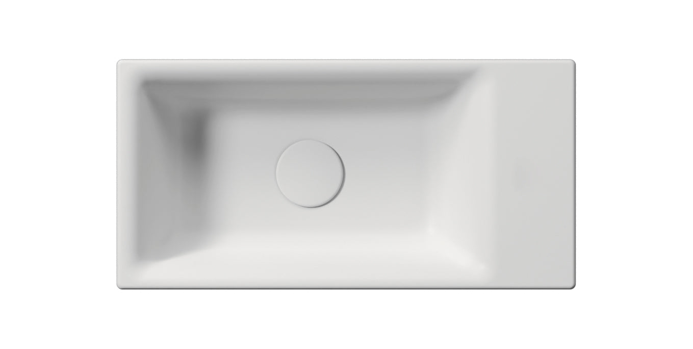 Lavabo senza foro  troppopieno Cm:50x25. Installazione a sospensione o ad incasso su mobile. Smaltato su 4 lati. 