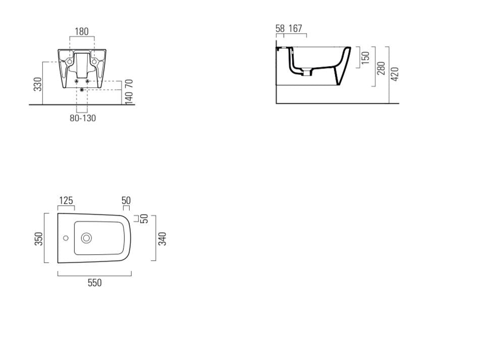 Bidet sospeso monoforo con foro troppopieno CM:55x35 e sistema di fissaggio dal basso.