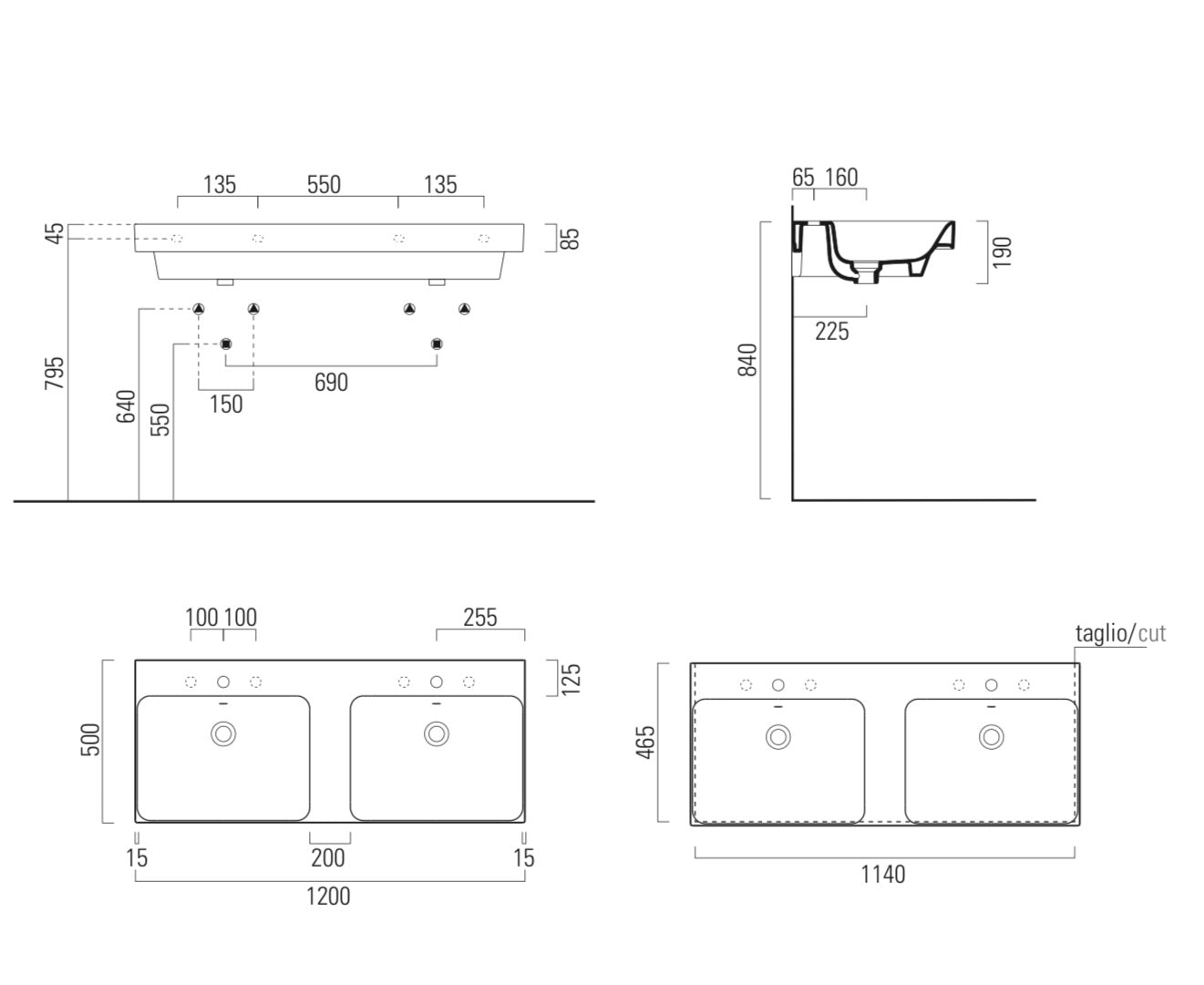 Lavabo doppio bacino con foro troppo pieno monoforo CM:120X50