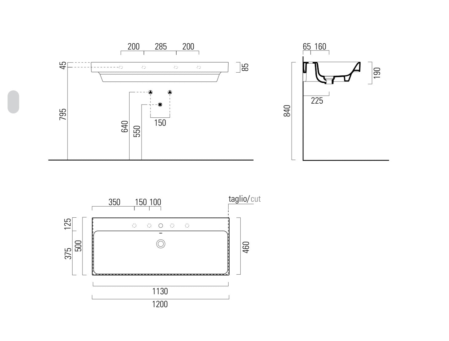 Lavabo con foro troppopieno monoforo CM:120X50