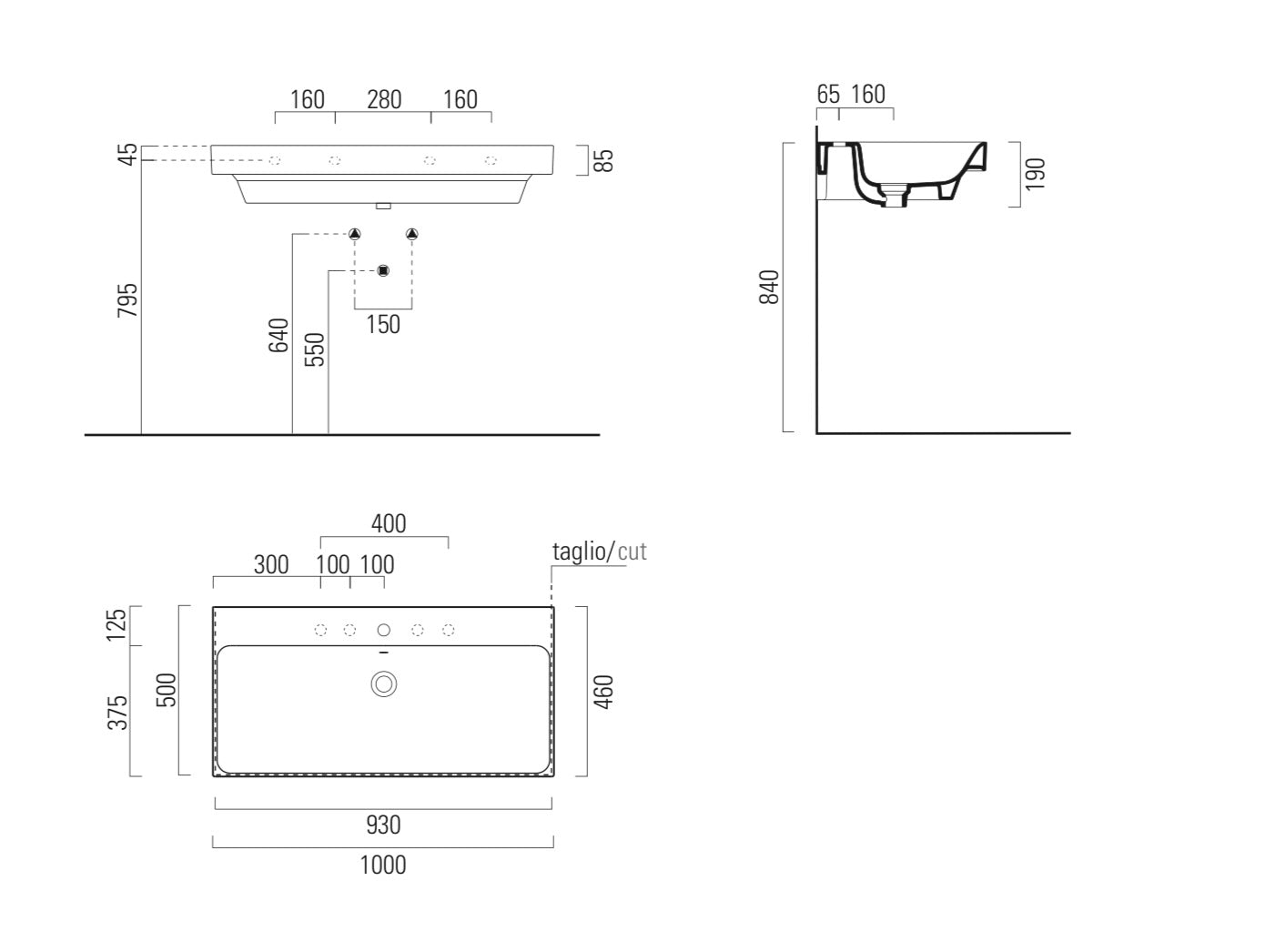 Lavabo con foro troppopieno monoforo - 100x50cm