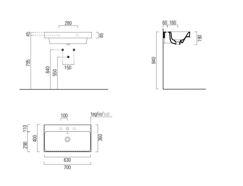 Lavabo con foro troppopieno monoforo CM:70x40. Installazione a sospensione o ad incasso.