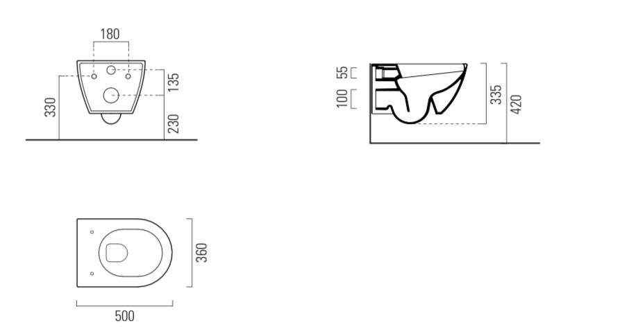 WC installazione a sospensione CM:50x36 con sistema di scarico Swirflush. 