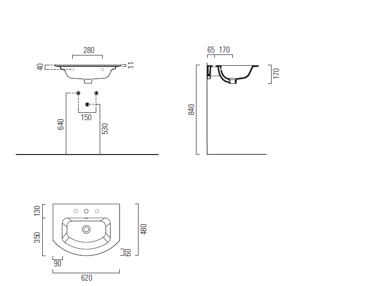 Lavabo con foro troppopieno monoforo – 62×48 cm