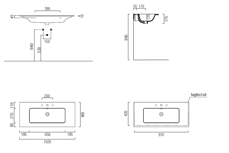 Lavabo con foro troppopieno – 102×46 cm