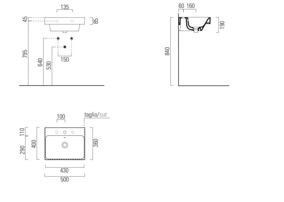 Lavabo con foro troppopieno CM:50x40 monoforo.