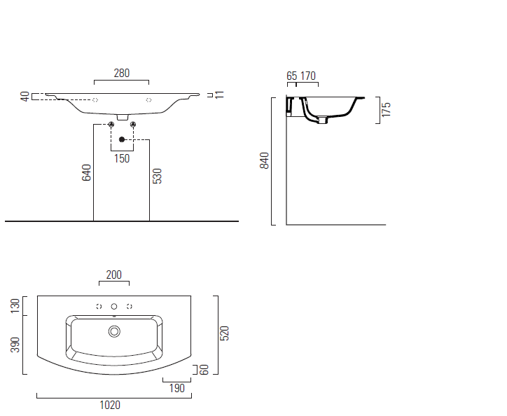 Lavabo con foro troppopieno monoforo – 102×52 cm