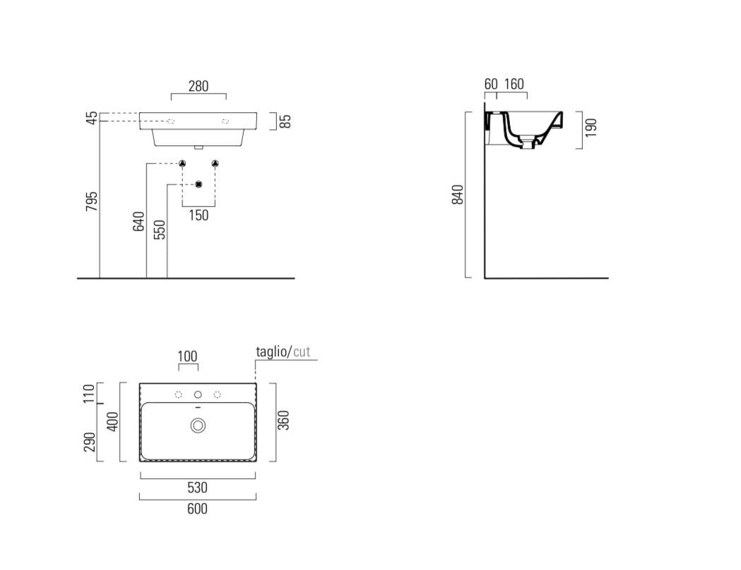 Lavabo con foro troppopieno CM60x40 monoforo.