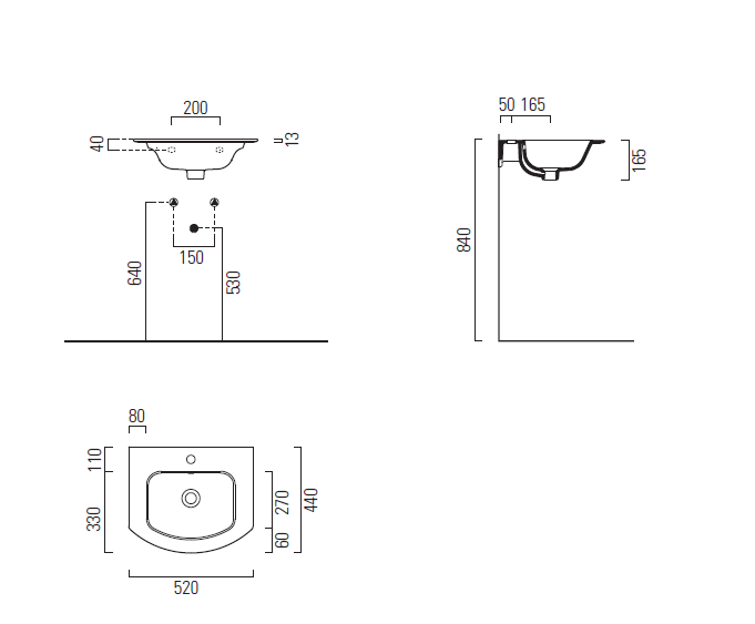 Lavabo con foro troppopieno monoforo – 52×44 cm
